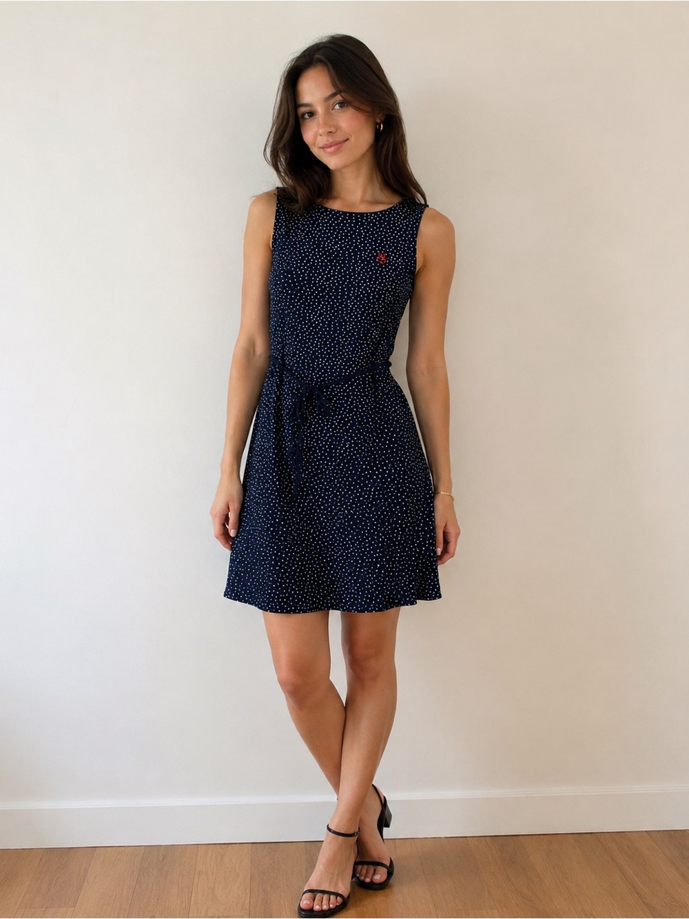 Holebrook Sweden Jennie Dress Size Medium Navy Polkadot Classic Tie Belt